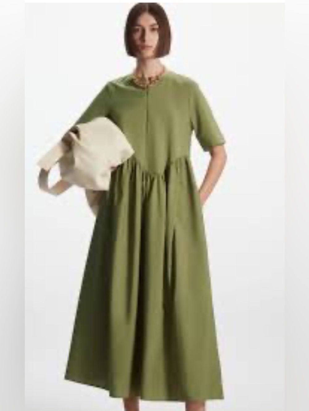 Olive Green Women's Maxi Dress - Casual Gathered dress.